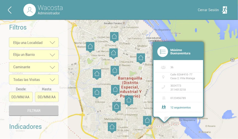 Consola de seguimiento con el mapa de Barranquilla ocupando la mayor parte de la pantalla, marcadores de visita y la ficha de una familia abierta