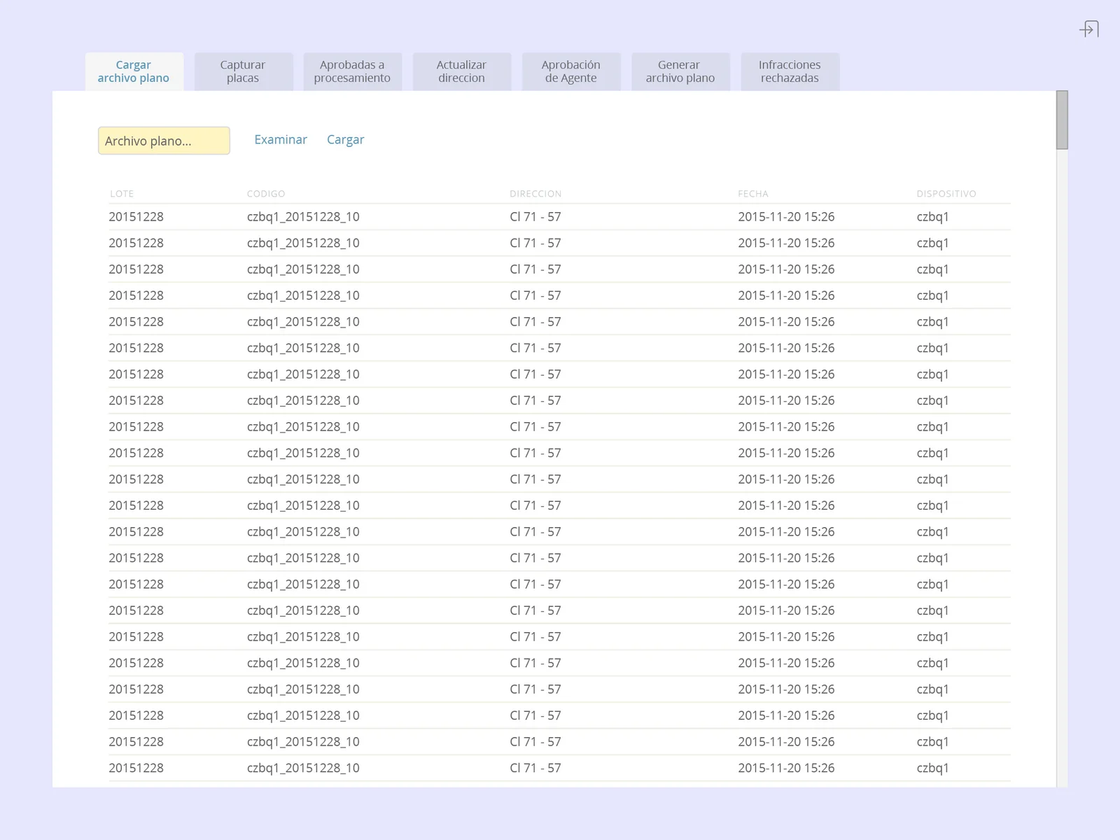 Primera pestaña del sistema, carga del archivo plano de infracciones