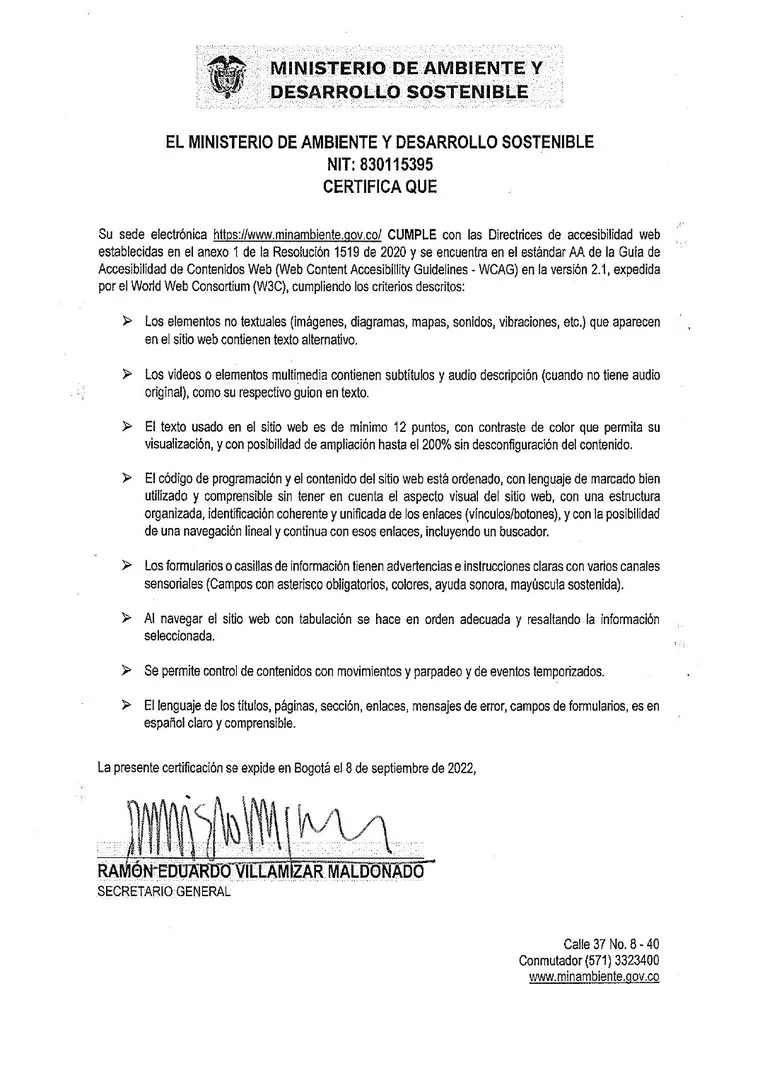 Certificación de cumplimiento de directrices de accesibilidad firmada por el Secretario General
