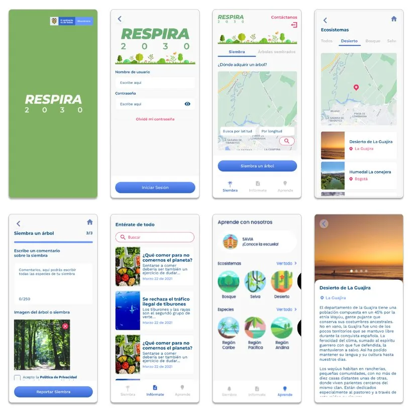 Ocho pantallas de la aplicación Respira 2030
