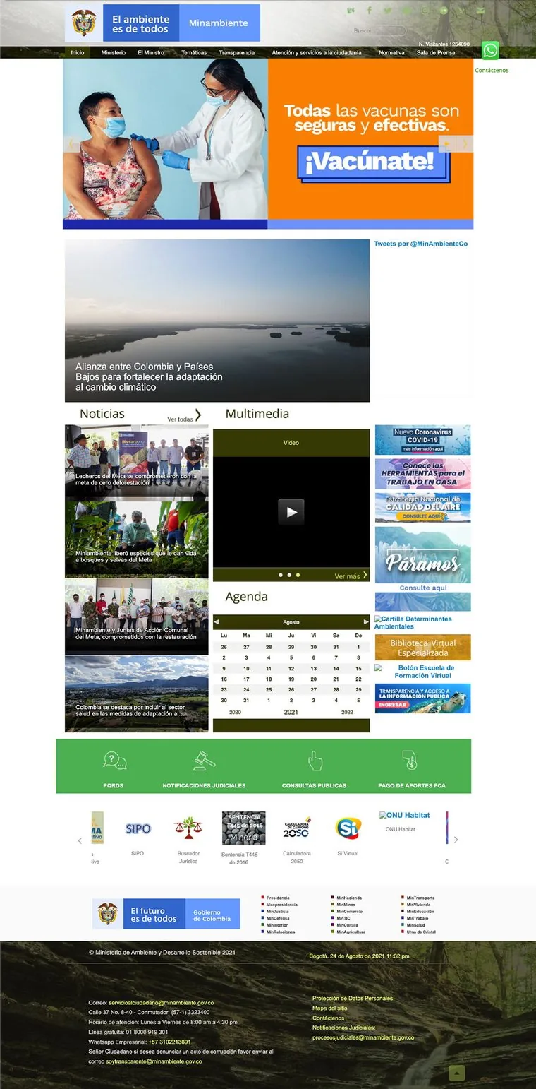 Portada del portal anterior de Minambiente el 24 de agosto de 2021