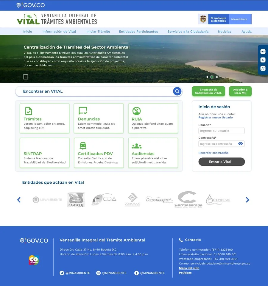 Portada pública de VITAL con el menú de trámites visible antes de iniciar sesión