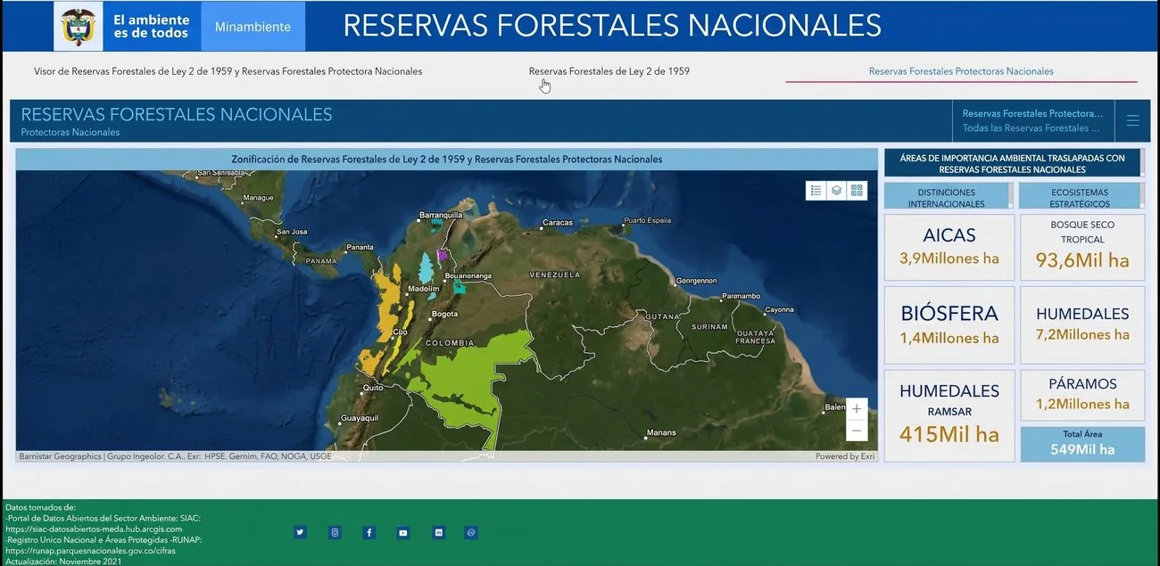 Visor de Reservas Forestales Nacionales, vista de zonificación sobre el mapa