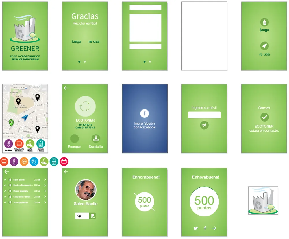 Las quince pantallas y estados visuales del diseño original de GREENER en 2014