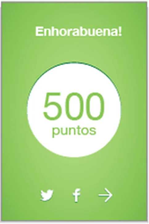 Pantalla de logro con los quinientos puntos acumulados y los botones para compartir
