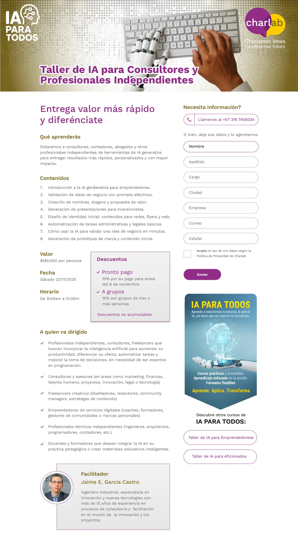 Landing del taller de IA para consultores y profesionales independientes