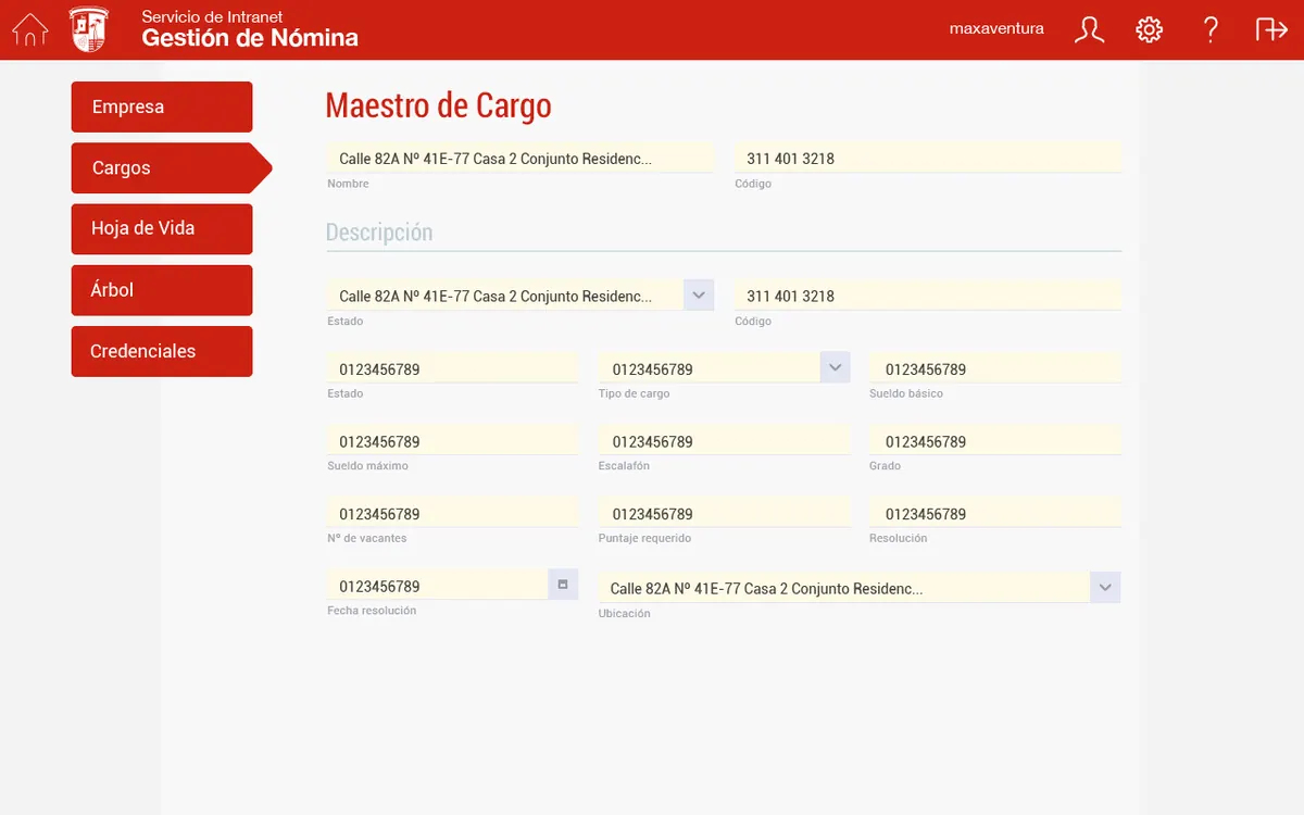 Maestro cargo datos generales — María Mulata · Gestión del Talento Humano y Nómina