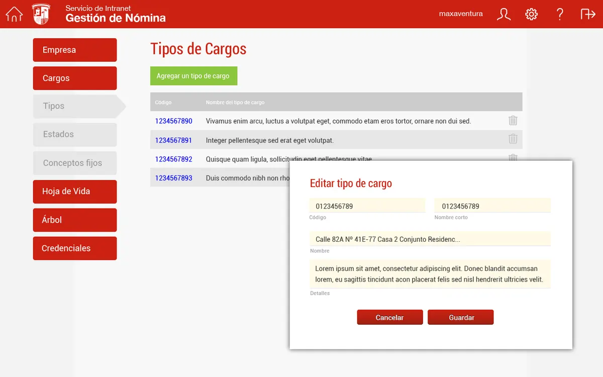Tipos cargos editar — María Mulata · Gestión del Talento Humano y Nómina