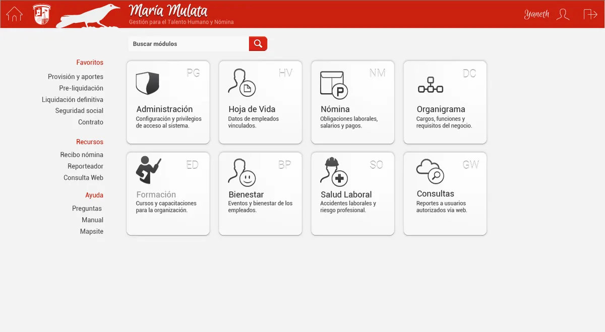 Menu principal organigramas seleccionado — María Mulata · Gestión del Talento Humano y Nómina