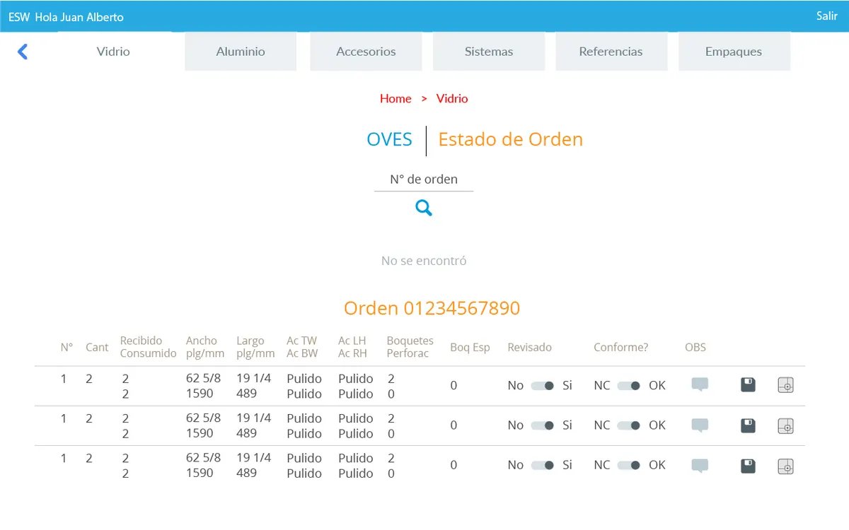 Vidrio oves listado inspeccion orden — GlassInspector